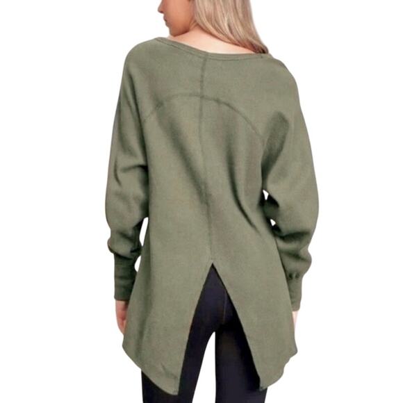 Free People Tops - Free People Sz S Olive Green Waffle Knit Thermal Top Oversized Split Back Cozy